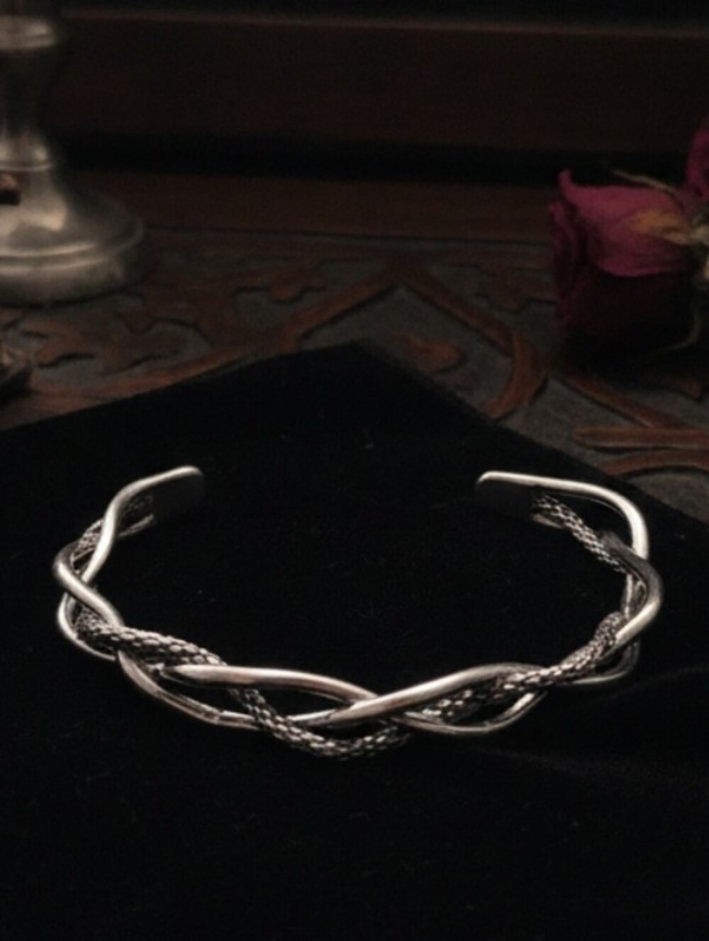 Twisted Oxidized Snake Skin Braided Sterling Silver Plated   Cuff Bracelet